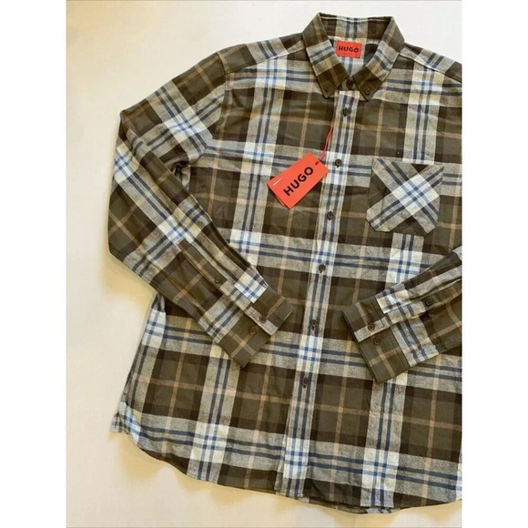 Hugo Boss Men's Brown Plaid Ermann Long Sleeve Button Down Shirt Medium NWT - Picture 2 of 12